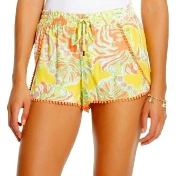 Lilly Pulitzer for Target Happy Place Yellow Orange Challis Pompom Shorts Size M - Picture 3 of 11